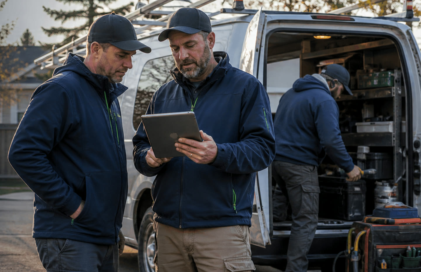 Home service technicians reviewing the day beside a stocked service van.